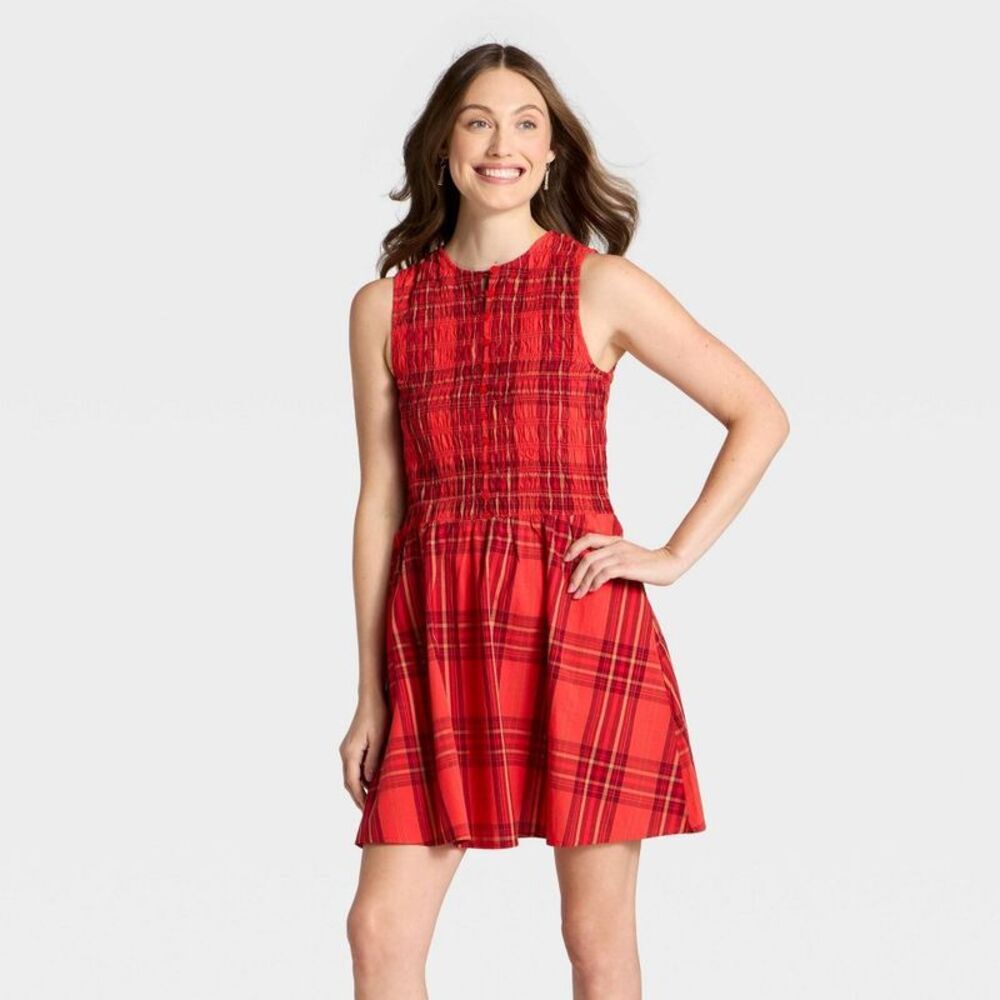 Women's Smocked Mini A-Line Dress - Universal Thread Red Plaid S